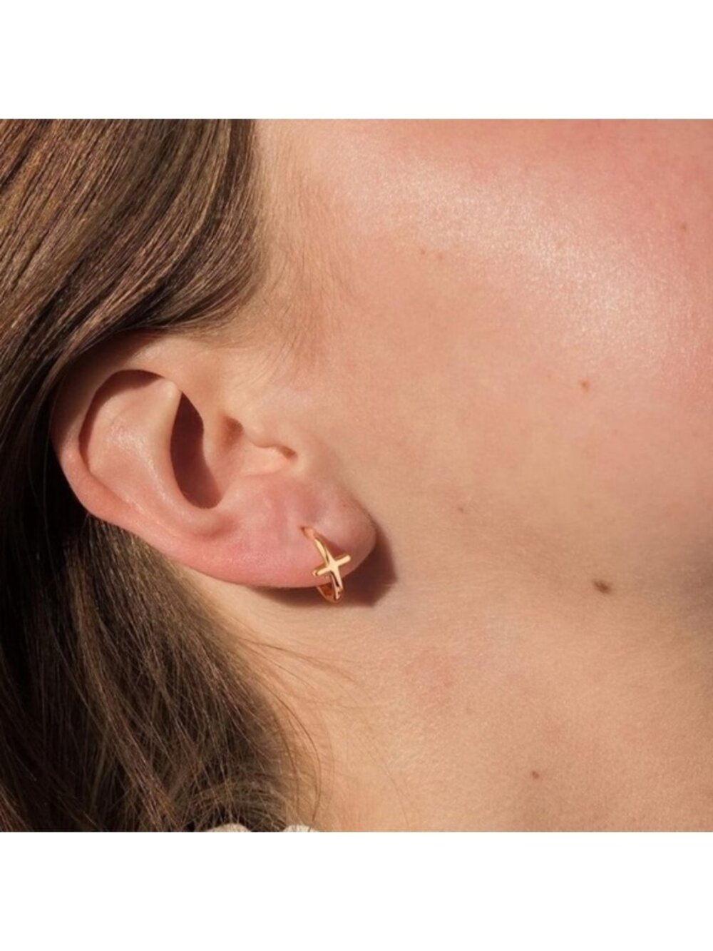 GOLD 14k Gold Plated Cross Huggie Hoop Earrings - Picture 1 of 2